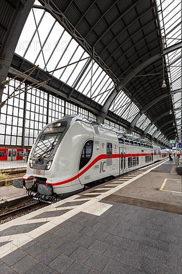 InterCity IC train of the type Twindexx Vario by Bombardier of DB Deutsche Bahn at Karlsruhe main station