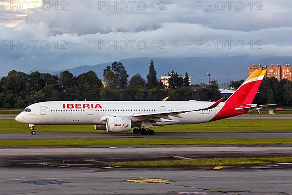 An Iberia Airbus A350-900 aircraft with registration EC-MXV at Bogota Airport