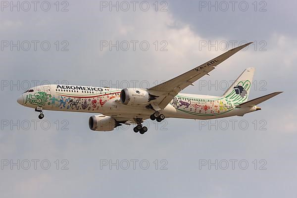 A Boeing 787-9 Dreamliner aircraft of AeroMexico with registration XA-ADL and Quetzalcoatl special livery at Mexico City Airport