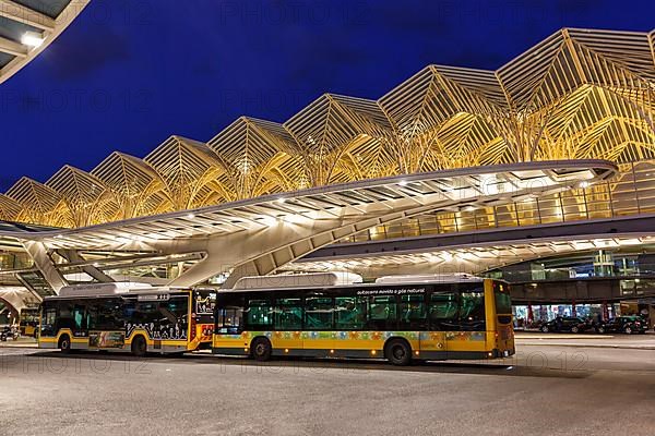 Bus station at Lisbon Lisboa Oriente train station modern railway architecture at night in Lisbon