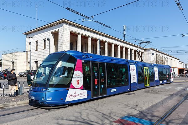 Tram on rubber wheels Tram Tranvia di Padova of the Translohr type at the station in Padua