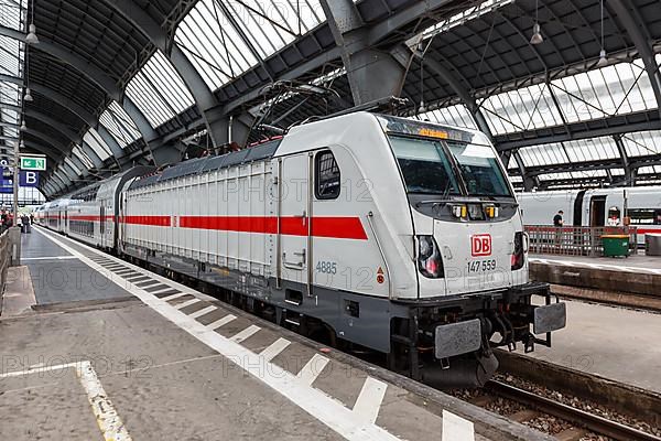 InterCity IC train of the type Twindexx Vario by Bombardier of DB Deutsche Bahn at Karlsruhe main station