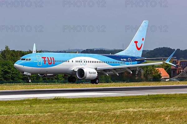 A Boeing 737 MAX 8 aircraft of TUI Belgium with registration number OO-TMZ at Brussels Airport