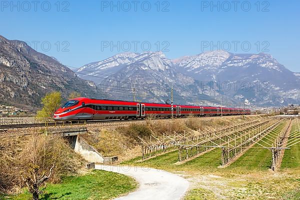Frecciarossa FS ETR 1000 high-speed train of Trenitalia on the Brenner line near Avio