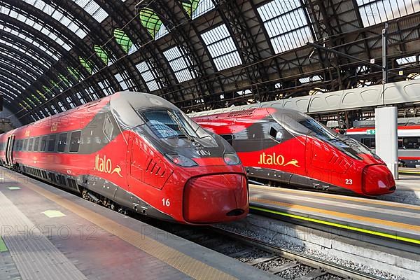 Italo ETR 675 Pendolino high speed trains of Nuovo Trasporto Viaggiatori NTV at Milano Centrale station in Milan