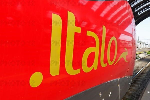 Italo logo on the Nuovo Trasporto Viaggiatori NTV high-speed train at Milano Centrale station in Milan