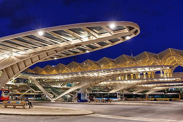 Bus station at Lisbon Lisboa Oriente train station modern railway architecture at night in Lisbon