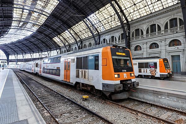 Rodalies local trains at Franca railway station in Barcelona