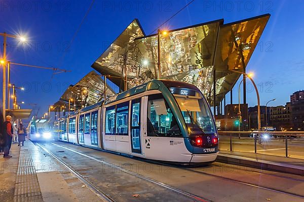 Modern tram of the type Alstom Citadis of Tram Barcelona at the stop Glories public transport public transport transport transport in Barcelona