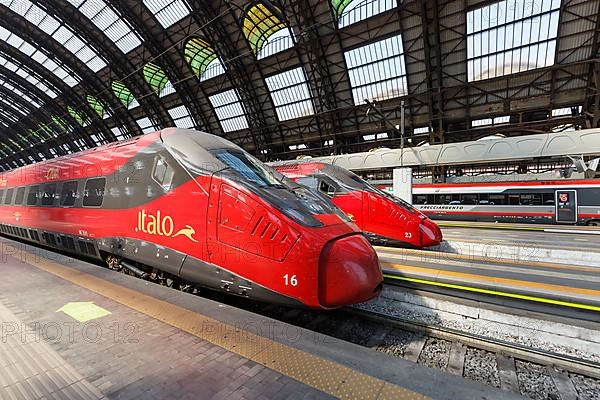 Italo ETR 675 Pendolino high speed trains of Nuovo Trasporto Viaggiatori NTV at Milano Centrale station in Milan