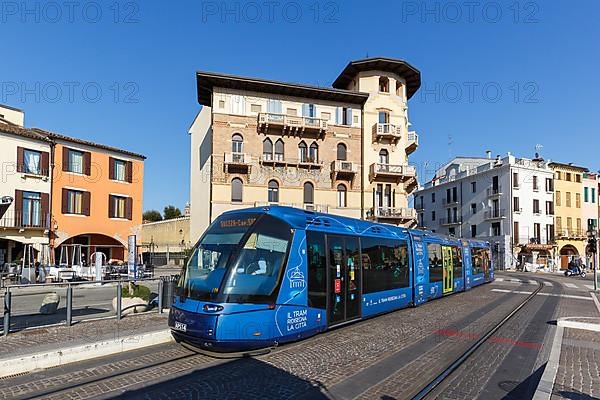 Tram on rubber wheels Tram Tranvia di Padova of the Translohr type at the Prato stop in Padua