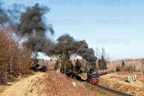 Steam train of the Brockenbahn railway leaving Drei Annen Hohne