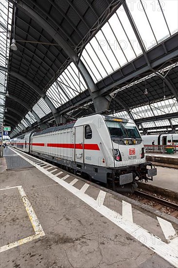 InterCity IC train of the type Twindexx Vario by Bombardier of DB Deutsche Bahn at Karlsruhe main station