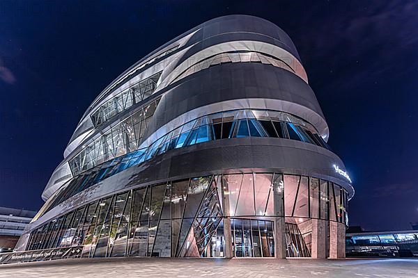 Mercedes Benz Museum building by night