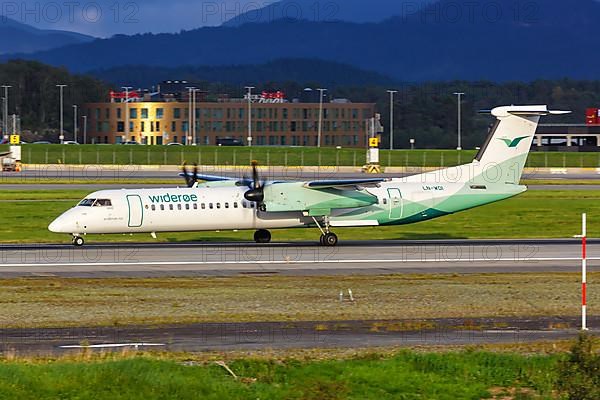 A De Havilland Canada Dash 8 Q400 aircraft of Wideroe with registration LN-WDI at Bergen Airport