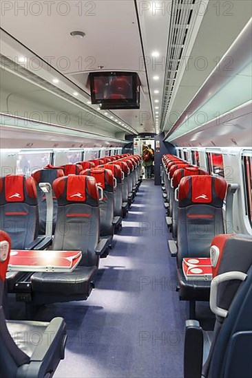 Interior of an Italo ETR 675 Pendolino high speed train of Nuovo Trasporto Viaggiatori NTV at Milano Centrale station in Milan