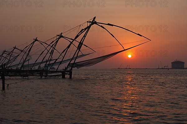 Kochi chinese fishnets on sunset. Fort Kochin