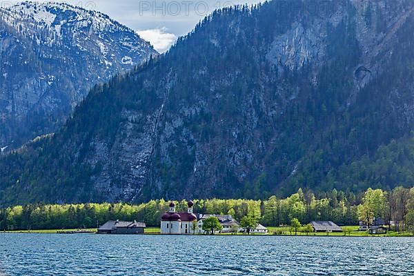 Koningsee lake and St. Bartholomew's Church in Bavarian Alps