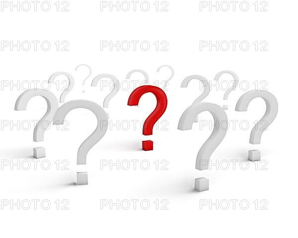 Problem solution business strategy risk motivation success concept: red question symbol surrounded with white signs isolated on white background with selective focus effect