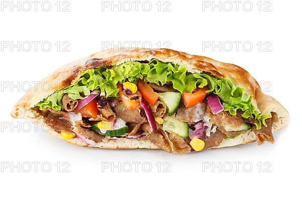 Doener Kebab Doner Kebap fast food in a flatbread cut out against a white background in Stuttgart