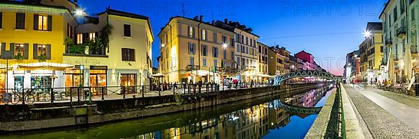 Navigli Milano restaurant and bar quarter holiday travel city blue hour panorama in Milan