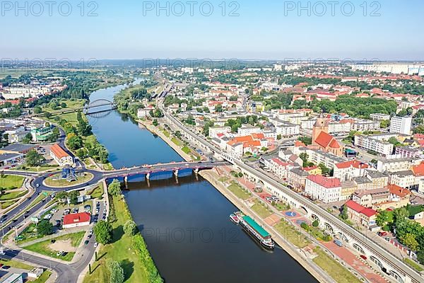 Aerial view of Landsberg an der Warthe town on the river in Gorzow Wielkopolski