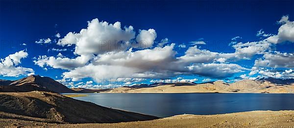 Panorama of Himalayan lake Tso Moriri in Himalayas on sunset