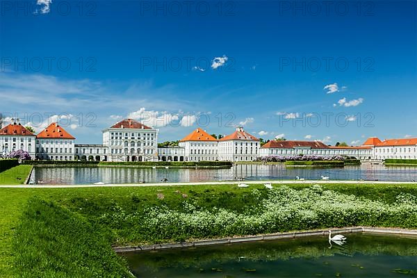 Swans in fountain in front of the Nymphenburg Palace. Munich