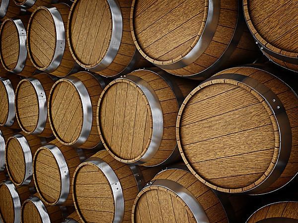 Wooden oak brandy wine beer barrels rows close up