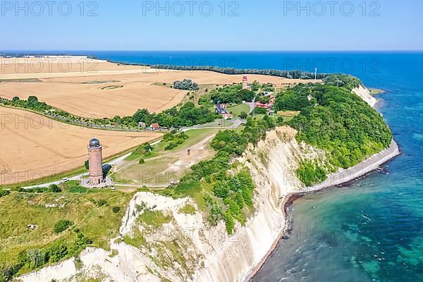 Aerial view of Cape Arkona on the island of Ruegen at the Baltic Sea with lighthouse and chalk cliffs in Cape Arkona