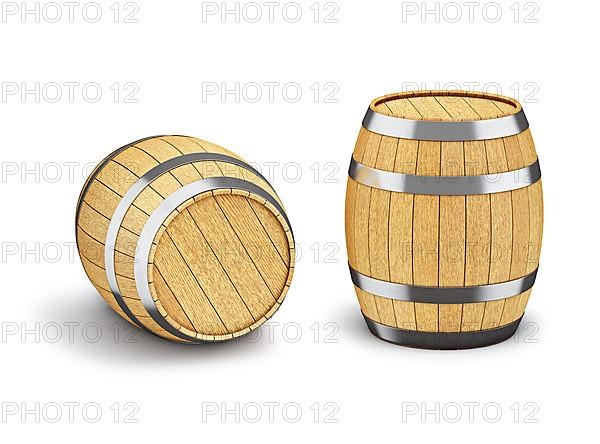 Wooden oak brandy wine beer barrels isolated on white background