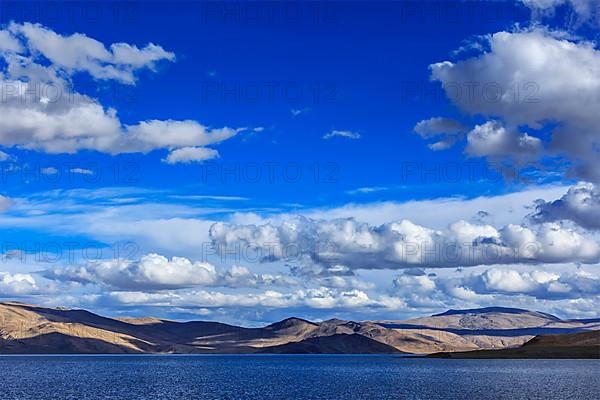 Himalayan mountain lake in Himalayas Tso Moriri on sunset