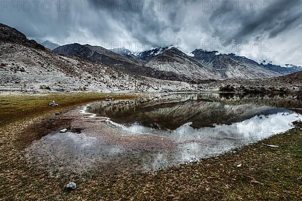 Sacred mountain lake Lohan Tso in Himalayas. Nubra valley