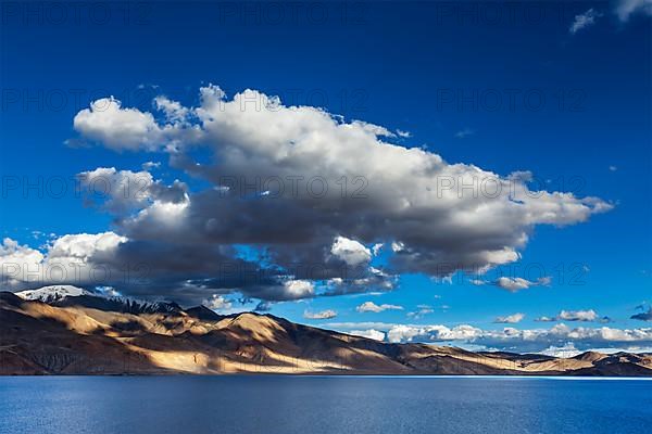 Himalayan mountain lake in Himalayas Tso Moriri on sunset