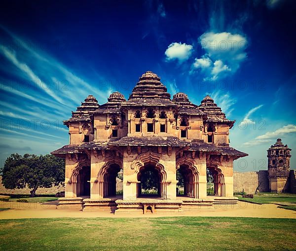 Vintage retro effect filtered hipster style travel image of Lotus Mahal palace ruins. Royal Centre. Hampi