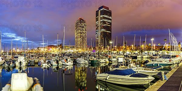 Marina Yacht Port Olimpic city in the evening panorama in Barcelona