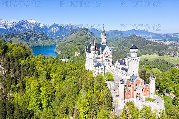 Neuschwanstein Castle Aerial View with Alps Landscape Travel Bavaria in Fuessen