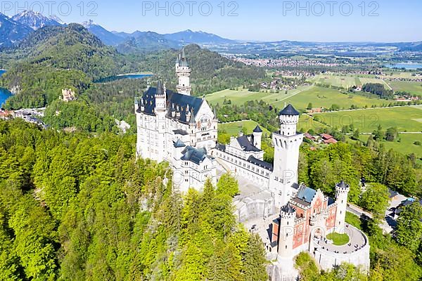 Neuschwanstein Castle Aerial View with Alps Landscape Travel Bavaria in Fuessen