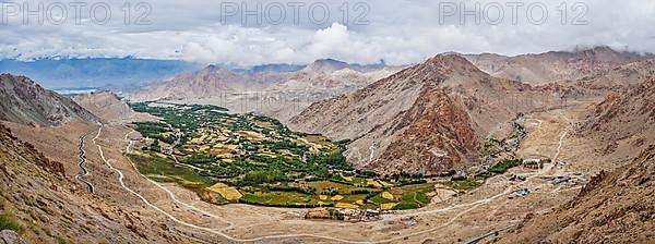Panorama of green Indus valley from ascend to Kardung La pass