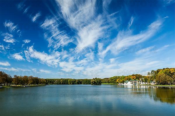 Kamsamolskaje Voziera artificial lake with blue sky in Minsk