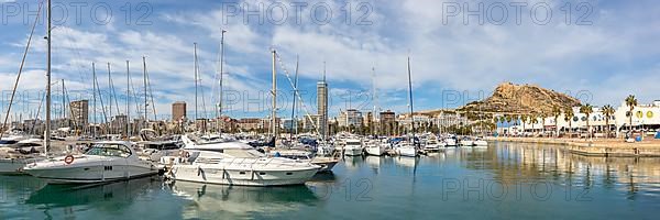 Alicante Port dAlacant Marina with boats and view of Castillo Castle holiday travel city panorama in Alicante