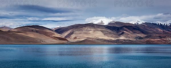 Panorama of Himalayan mountain lake in Himalayas Tso Moriri