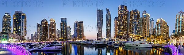 Dubai Marina Yacht Harbour Skyline Architecture Panorama Holiday by Night Panorama in Dubai