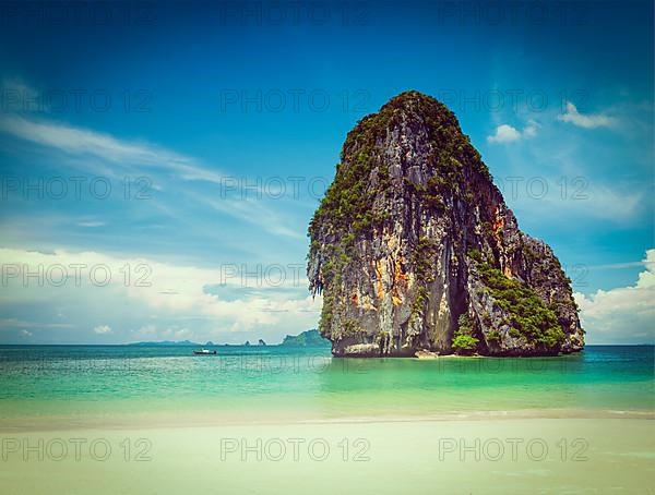 Vintage retro hipster style travel image of Pranang beach. Krabi