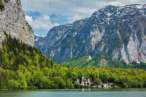 Castle at Hallstatter See mountain lake in Austria. Salzkammergut region