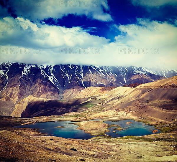 Vintage retro effect filtered hipster style travel image of mountain lakes in Spiti Valley in Himalayas. Himachal Pradesh