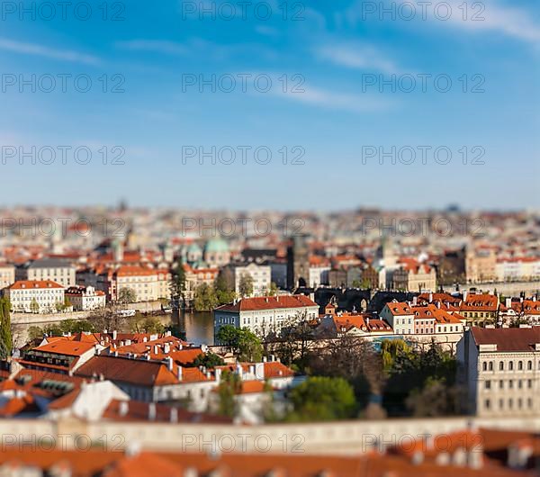 Aerial view of Prague from Prague Castle with tilt shift toy effect shallow depth of field. Prague