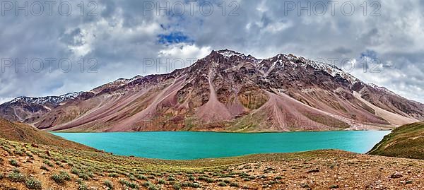 Panorama of mountain lake Chandra Tal in Himalayas. Himachal Pradesh