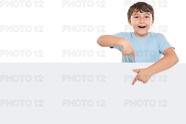 Child boy pointing to advertisement marketing blank sign with text space copyspace banner clipping isolated in Stuttgart