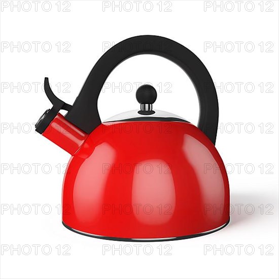 Red stovetop whistling kettle isolated on white background